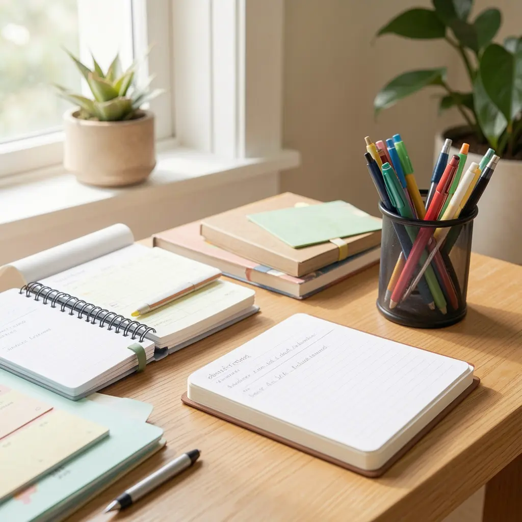 Mindful workspace with organized planning materials