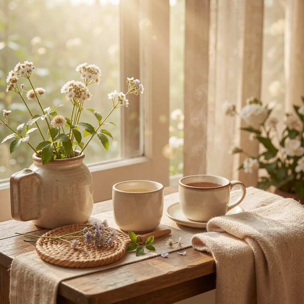 Serene morning routine setting with natural elements